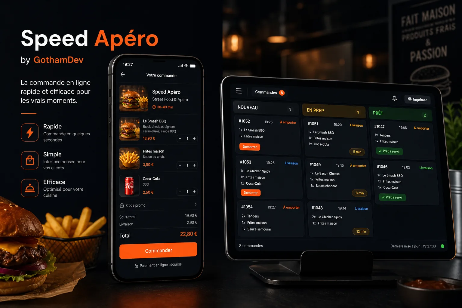 Commande client et écran cuisine — Speed Apéro GothamDev