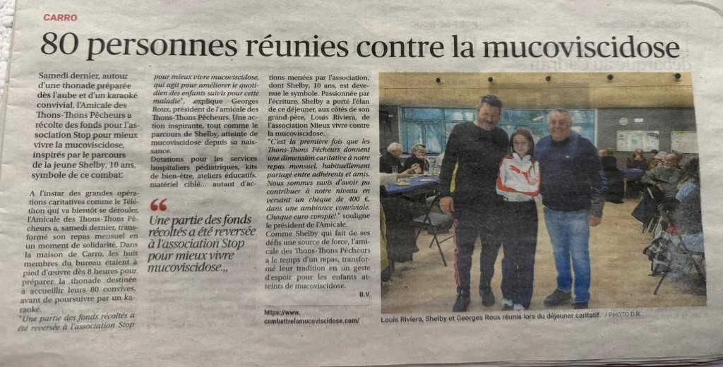 Coupure de presse : 80 personnes réunies contre la mucoviscidose à Carro — Louis Rivierra, Shelby et Georges Roux